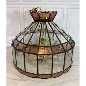 Vintage Brass Leaded Glass Chandelier Purple Slag Etched Glass 5-Light Fixture